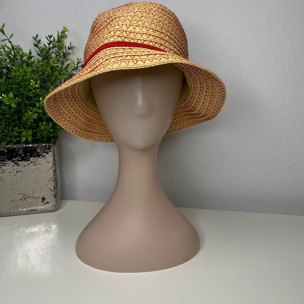 Ann‎ Taylor Womens Straw Bucket Hat Tan Red Zigzag Stitch Sun Hat Cottagecore